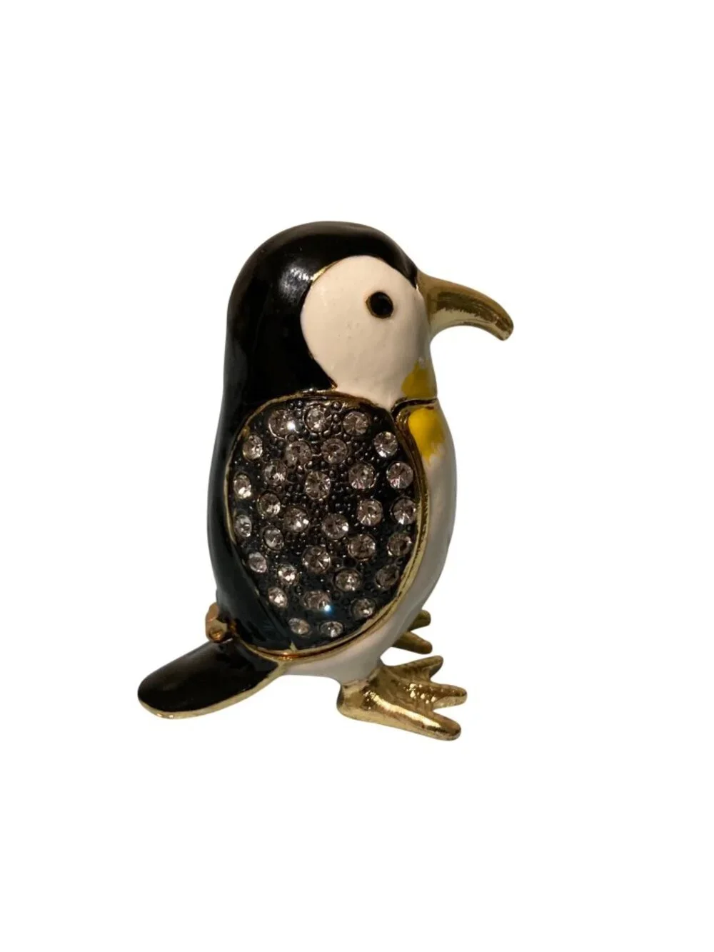 Enameled Jeweled Penguin Trinket Box With Rhinestones And Gold Accents